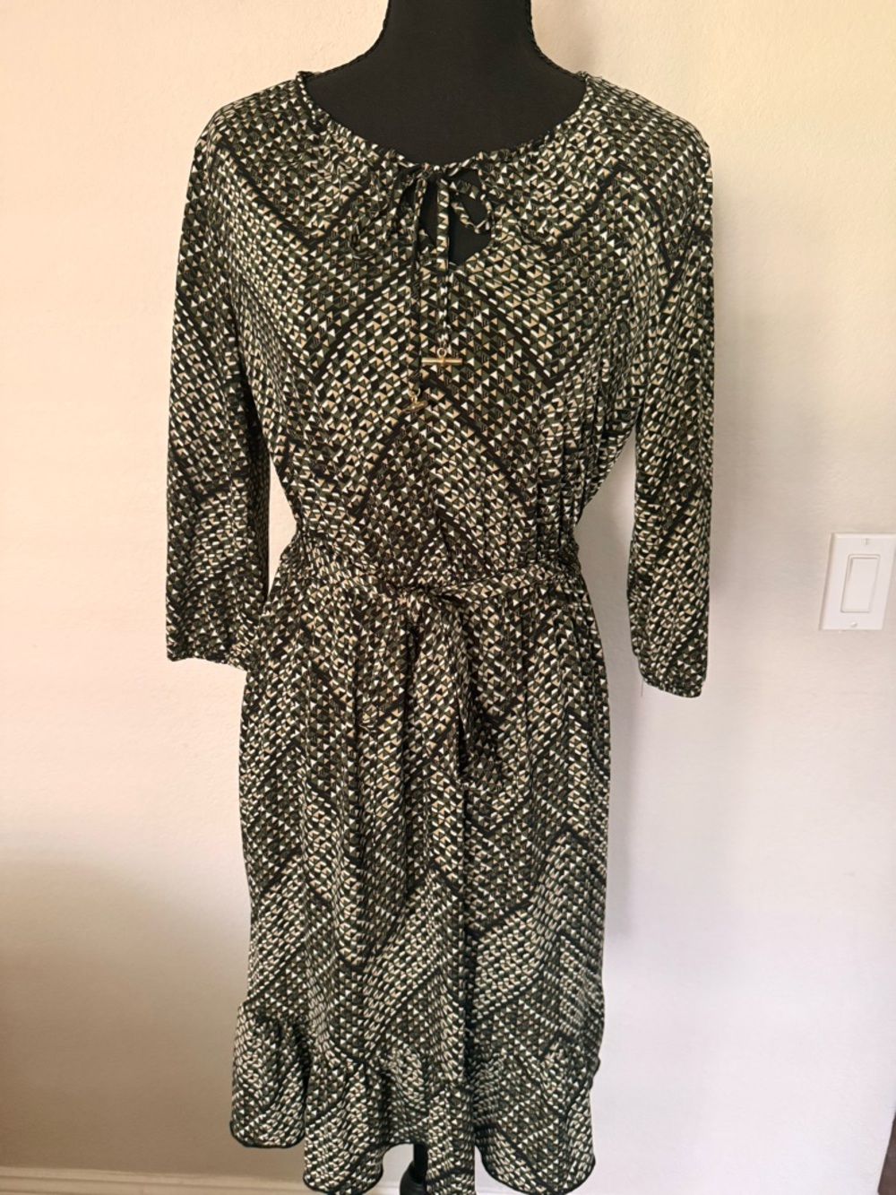 Enfocus Studio Olive Green Patterned Tie-Waist Midi Dress